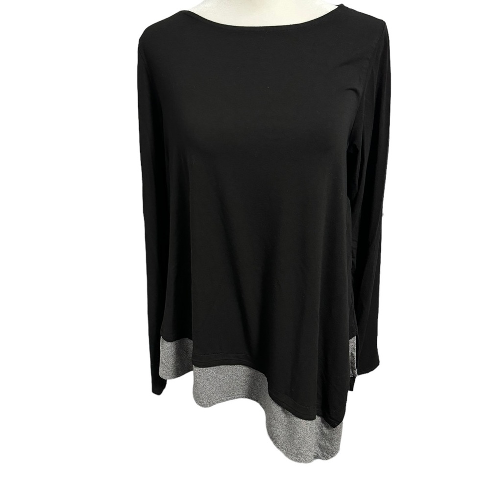 FH Clothing Co asymmetrical black l/s rayon top w/grey trim. Size M. GUC
